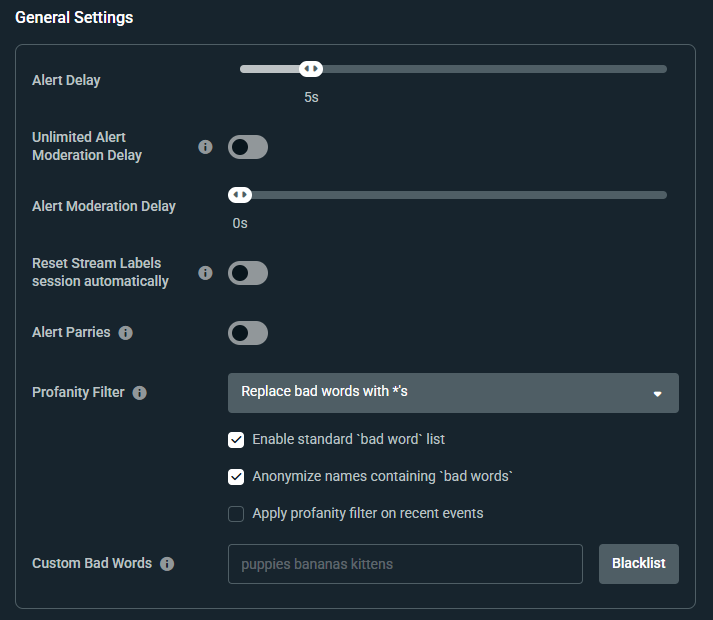 Streamlabs general settings for alerts showing alert delay, unlimited moderation delay, alert moderation delay, reset stream labels session, alert parries, profanity filter, and a text box to add custom bad words.